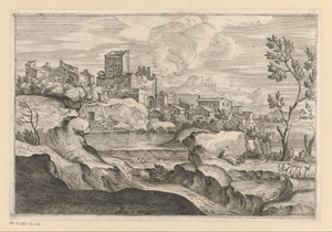 Landschap met een herder met kudde voor een stad