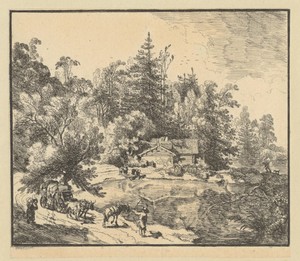 Landschap met een huis aan het water en een beladen boerenwagen