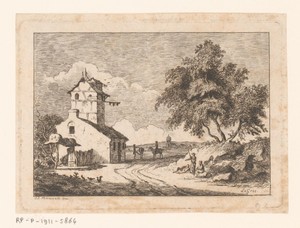 Landschap met een huis met een toren en reizigers langs een pad