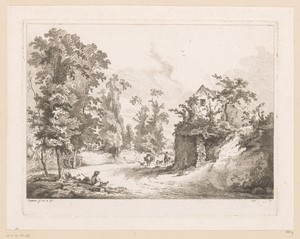 Landschap met een huis op een heuvel en een voorbijtrekkende herder