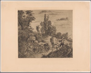 Landschap met een in het water vastgelopen wagen die door een groep mannen op de kant gehesen wordt