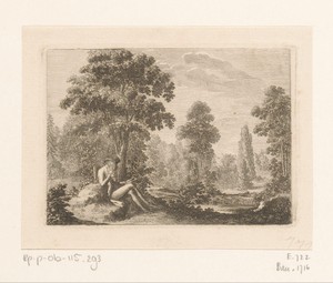 Landschap met een jongeman die naar het silhouet van een vrouw kijkt