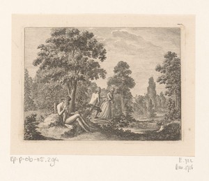 Landschap met een jongeman die naar het silhouet van een vrouw kijkt en haar later om haar hand vraagt