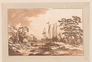 Landschap met een kar bij een brug waaronder een waterval