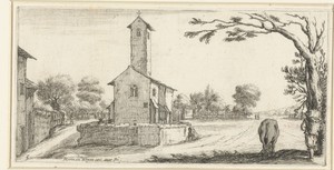 Landschap met een kerk, op de koorzijde gezien