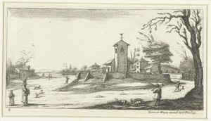 Landschap met een kerk, op de toren gezien