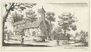Landschap met een kerk, op de zijmuur gezien