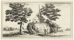 Landschap met een kerk op een rots