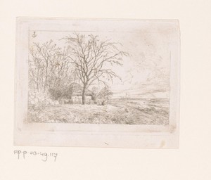 Landschap met een klein gebouw tussen kale bomen