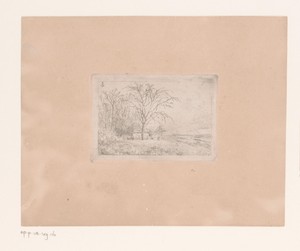Landschap met een klein gebouw tussen kale bomen