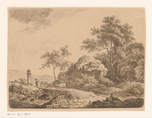 Landschap met een koeherder op een brug