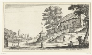 Landschap met een kruis aan een dorpsweg