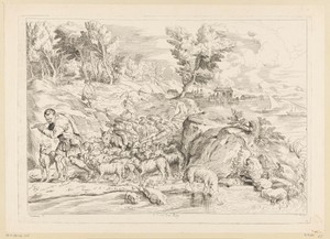 Landschap met een kudde schapen en een fluit-spelende herder voorop