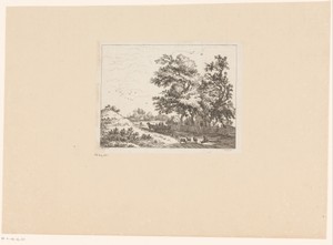 Landschap met een landweg waarop een boerenkar en schapen