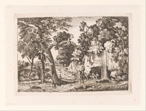 Landschap met een lierspelende herder bij een grot en waterval