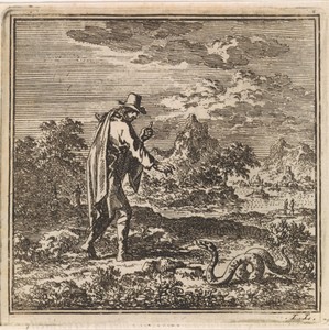 Landschap met een man die een slang afweert