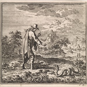 Landschap met een man die een slang afweert