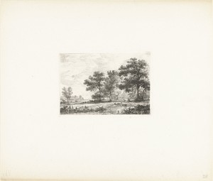 Landschap met een man op een bankje onder een boom