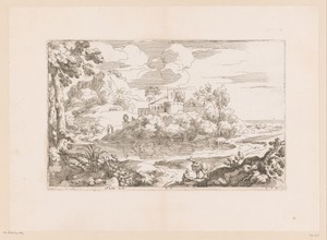 Landschap met een op de grond gezeten vrouw en een balkende ezel