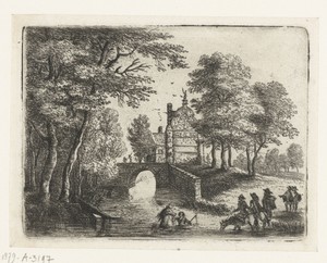 Landschap met een rivier, een brug en ruiters