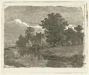 Landschap met een rivier en drie vissende mannen aan de waterkant