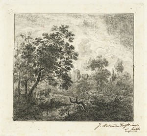 Landschap met een rivier en een boomstronk