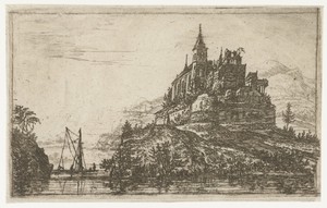 Landschap met een rivier en een kasteel op een heuvel