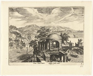 Landschap met een rivier en een ruïne van een tempel