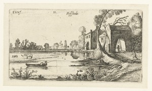 Landschap met een rivier en poortgebouw