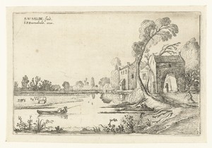 Landschap met een rivier en poortgebouw