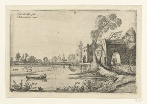 Landschap met een rivier en poortgebouw
