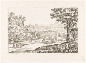 Landschap met een rivier waarover een brug met drie bogen