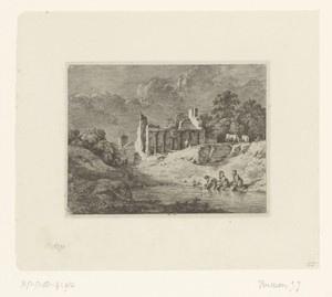 Landschap met een ruïne en drie wasvrouwen aan het water