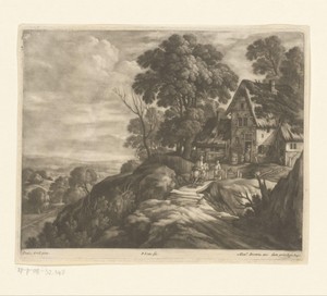 Landschap met een ruiter bij een huis op een heuvel