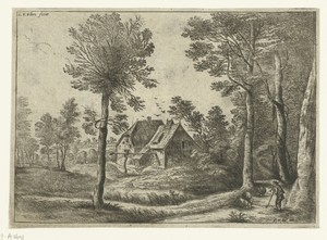 Landschap met een schalmeispelende herder bij een boerderij