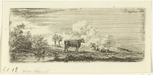 Landschap met een staande en een liggende koe