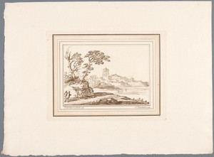 Landschap met een stad in het verschiet, links op voorgrond twee wandelaars