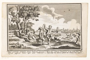 Landschap met een stel dansend op de muziek van een doedelzak