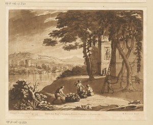 Landschap met een triomfboog en druivenoogst