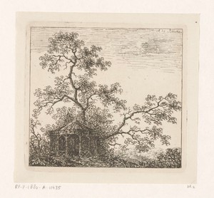 Landschap met een tuinhuis voor een boom