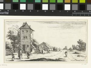 Landschap met een vervallen toren aan een dorpsweg