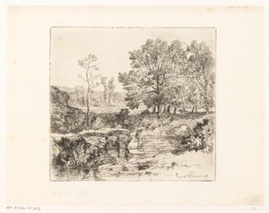 Landschap met een visser, staand in een poel