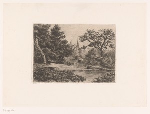 Landschap met een vrouw die water uit de beek schept