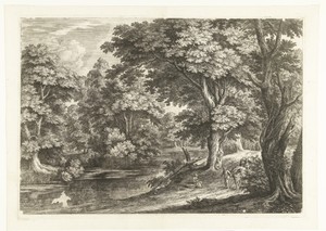 Landschap met een vrouw zittend aan een rivier langs de weg