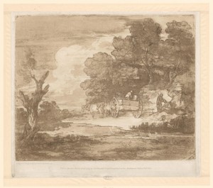 Landschap met een wagen getrokken door paarden langs een waterkant en een bosrand