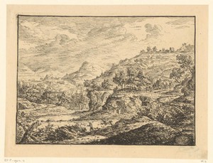 Landschap met een waterval, een hut op de oever