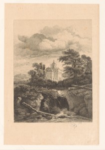 Landschap met een waterval en op de achtergrond een kasteel