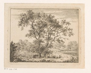 Landschap met een weg die zich om twee bomen buigt
