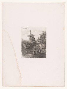 Landschap met een windmolen, een koe en figuren op de voorgrond