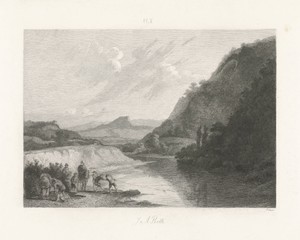 Landschap met enkele figuren bij een rivier